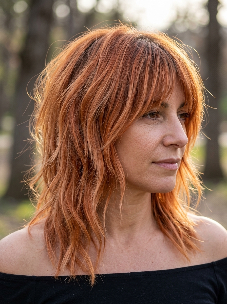 Modern Copper Shag: Edgy Summer Haircut 2026 mid-length apricot copper shag haircut with strawberry blonde balayage and fringe for summer
