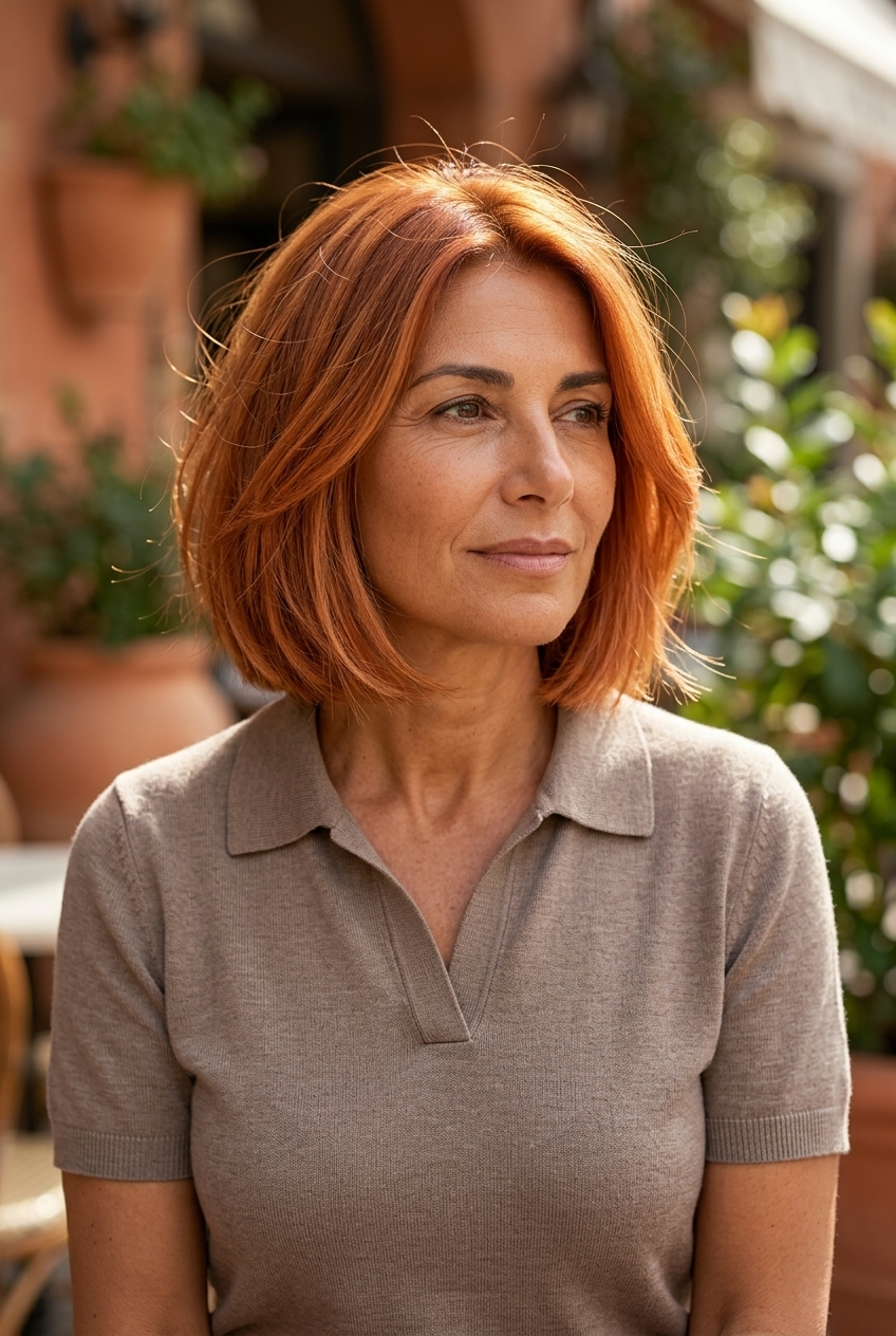 neck-length copper bob with internal texturizing and no fringe for playful look