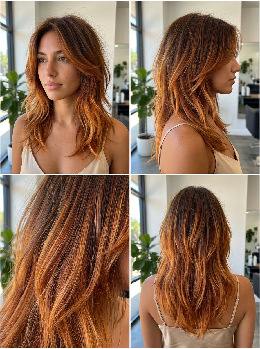 long shag haircut with copper ombré and tousled layers, edgy bohemian style for festivals