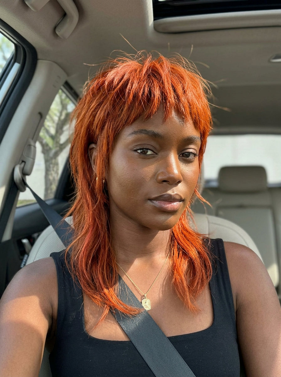 short shaggy mullet copper orange haircut with micro-fringe and razored ends for edgy playfulness