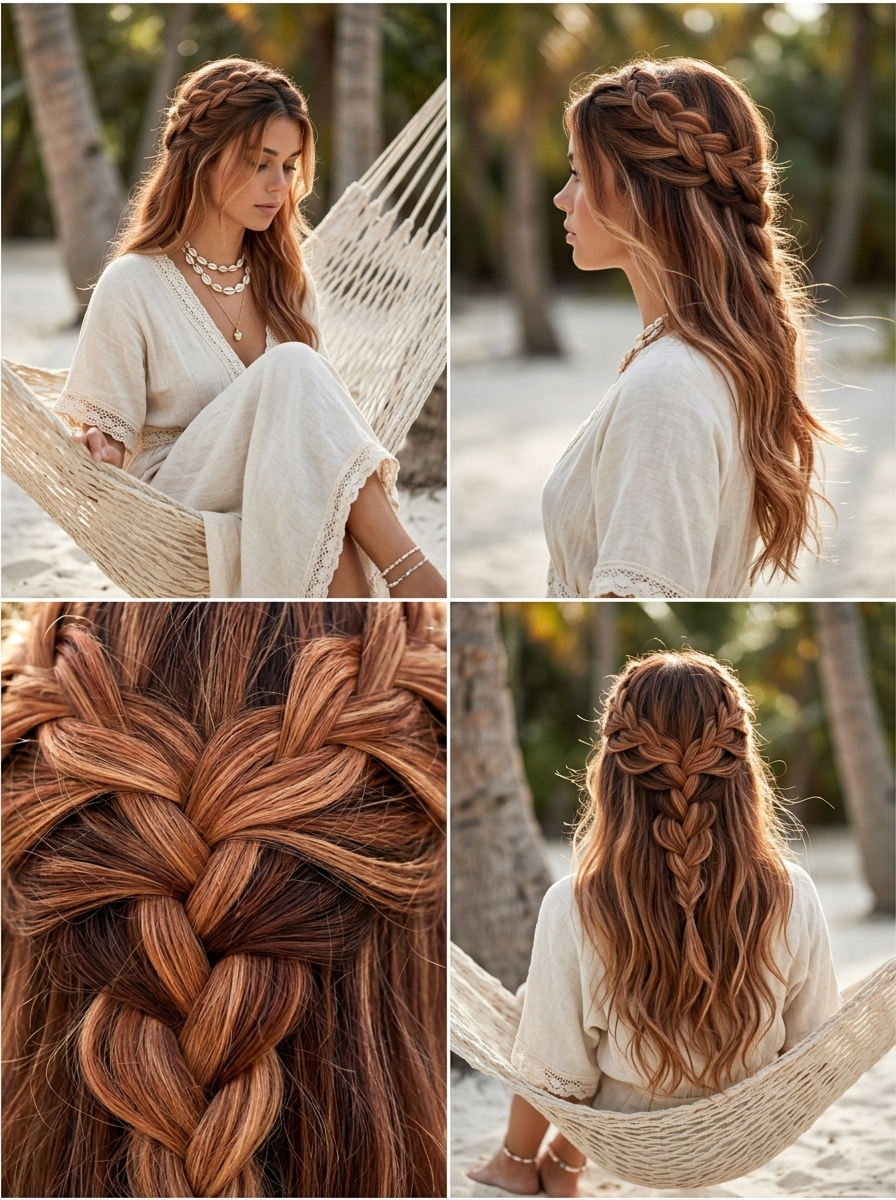long warm copper-red braided half-crown with face-framing tendrils and soft texture for date night