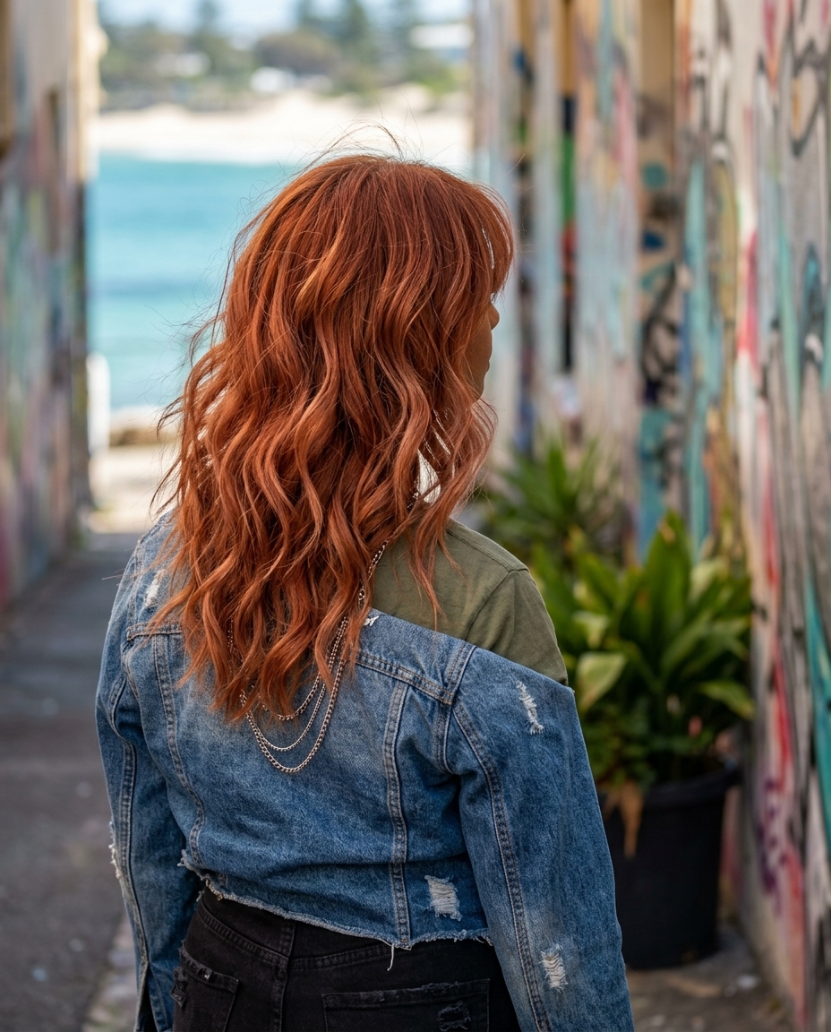 Boho Summer Fringe Waves Hairstyle 2026 long wavy fringe hairstyle with copper-red, strawberry blonde highlights, and piecey waves for festivals