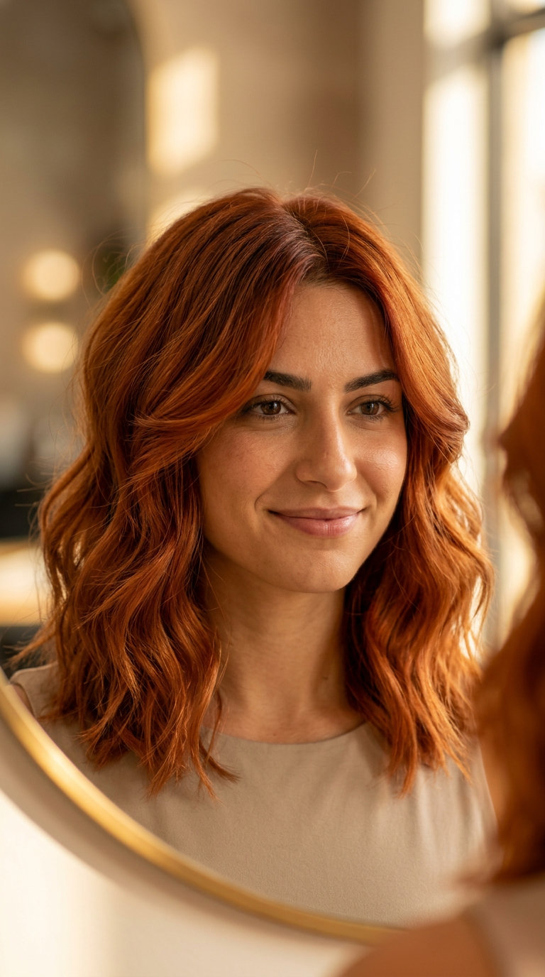 medium textured lob haircut in vibrant copper red with auburn root for summer