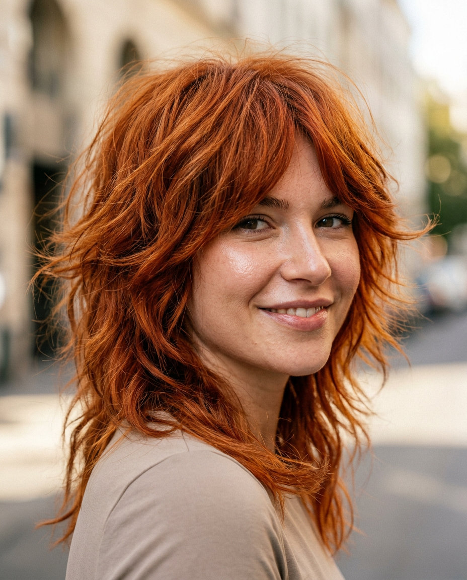 Fiery Copper Wolf Cut 2026 medium copper red wolf cut with golden-orange tones and strawberry blonde highlights for festivals