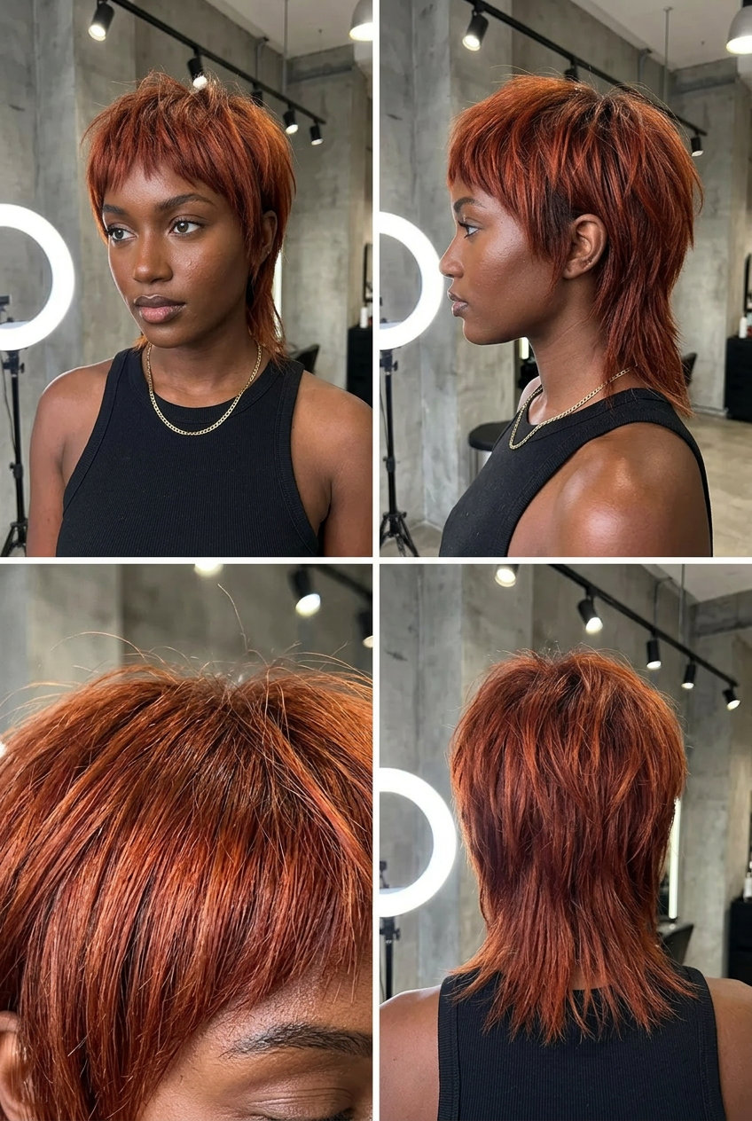 short mullet copper red haircut with micro-fringe and textured layers for edgy retro vibe