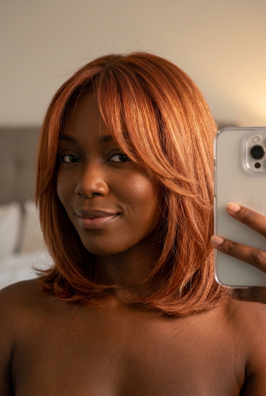 shoulder-length layered bob haircut with warm copper-red & strawberry blonde balayage, face-framing layers, soft fringe for summer