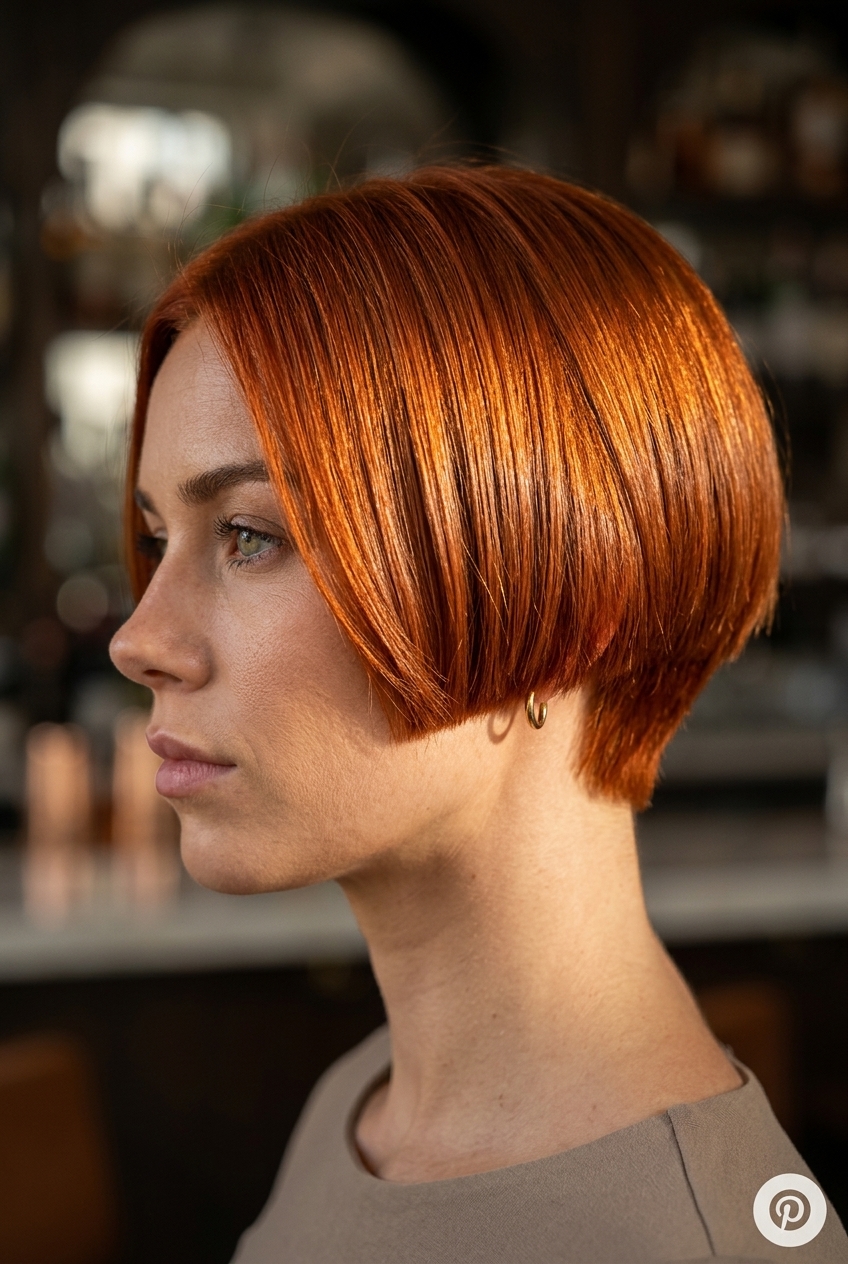 very short blunt-cut pixie haircut in fiery copper red, clipper-faded sides for a bold statement