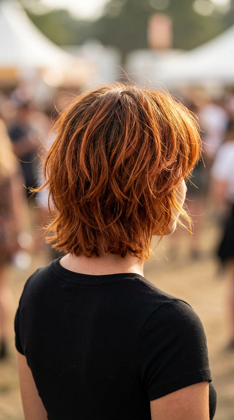 short bixie haircut with vibrant copper penny red, textured layers, eyebrow fringe, salon summer bixie haircut 2026