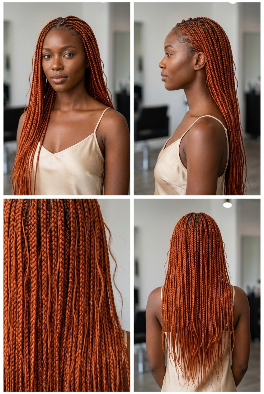 waist-length knotless braids in fiery copper, seamless scalp start, hot water sealed ends — playful bohemian