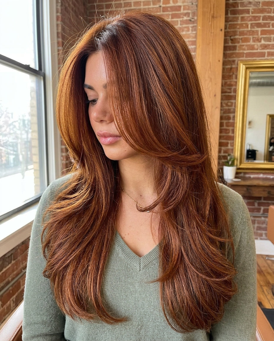 long auburn hair with dramatic butterfly layers and cowboy copper 2.0 color for bohemian festivals