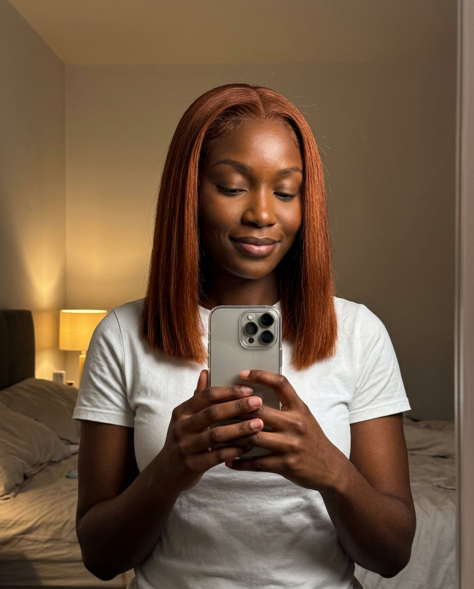 medium blunt haircut in cowboy copper with auburn undertones, razor-sharp perimeter — chic modern look