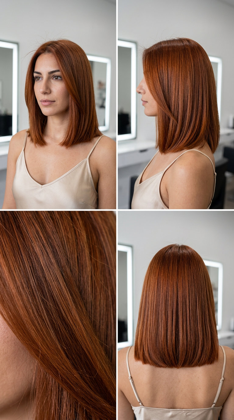 medium lob haircut in cowboy copper with amber undertones, high shine, no bangs — professional and confident