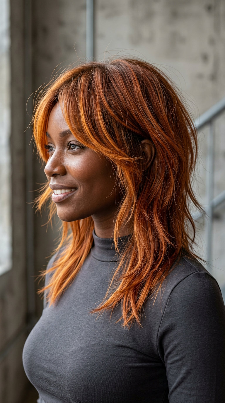 medium modern mullet haircut in cowboy copper with amber face-frame, choppy layers, optional bangs — bold and edgy