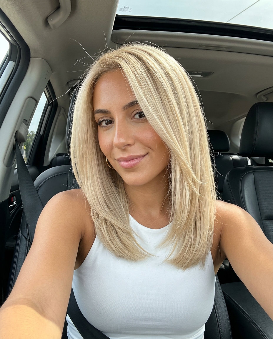 long layered blonde with creamy pale blonde and soft golden-beige undertones for summer