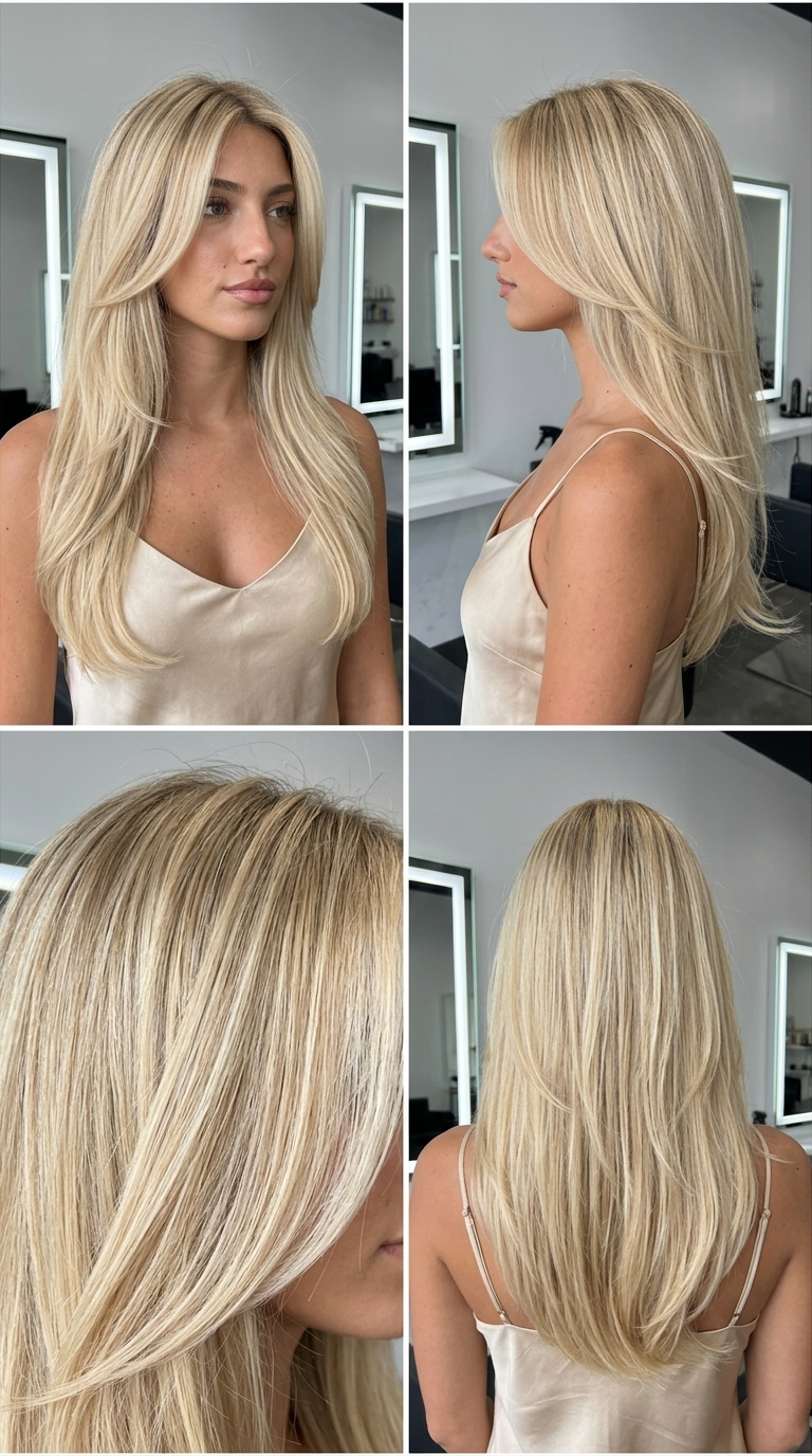 long butterfly cut creamy blonde balayage with face-framing layers for summer