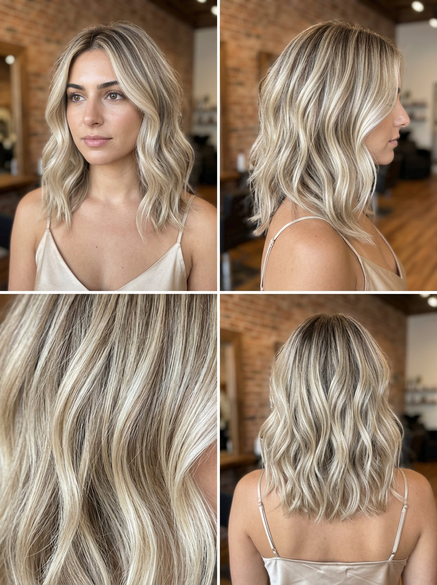 long layered creamy blonde reverse balayage with cool tan lowlights and espresso root for summer