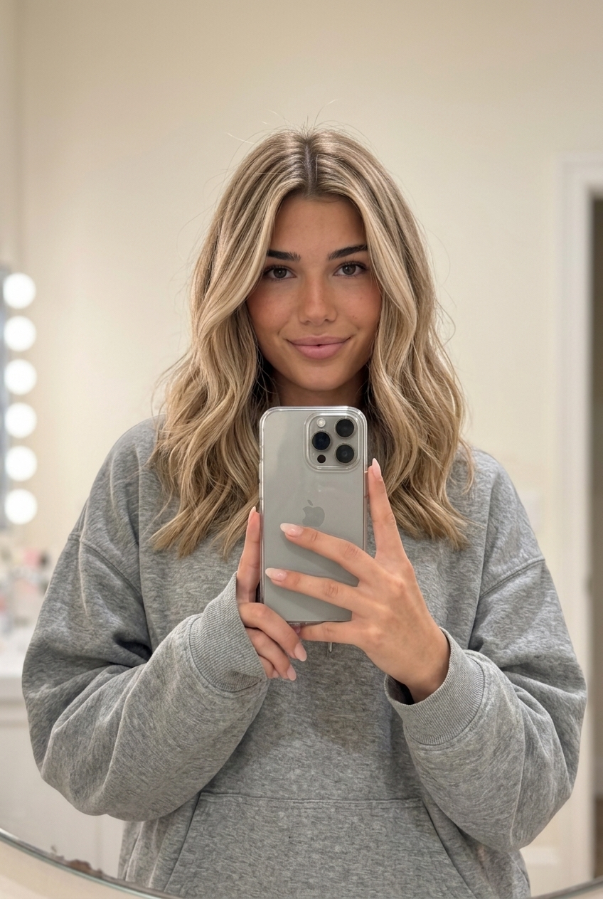 mid-length lob blonde balayage with creamy blonde and cool tan lowlights for summer