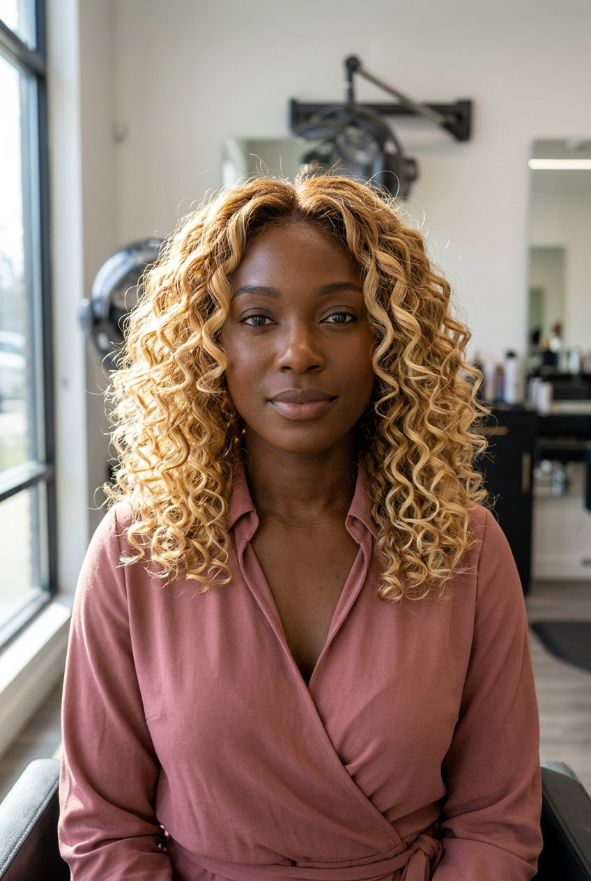 medium-long curly dimensional summer ombre hair color 2026 with creamy butter blonde, Pintura hand-painted layers, face-framing — playful & radiant