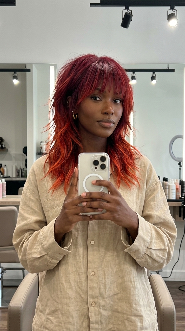 collarbone-length shag haircut in crimson red with orange ends, choppy fringe, razored layers — edgy shag 2026