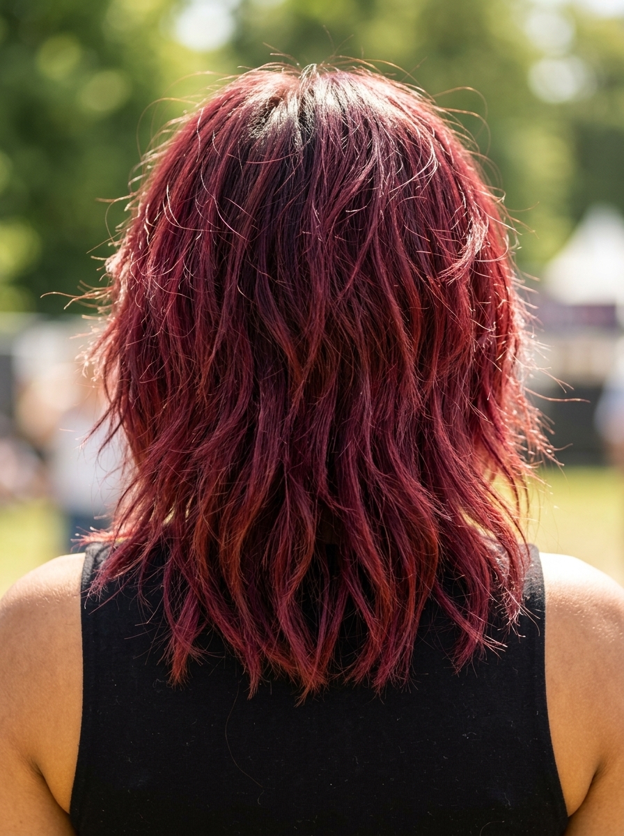long crimson shag haircut with choppy layers and eyebrow-grazing bangs, no fringe — playful summer style