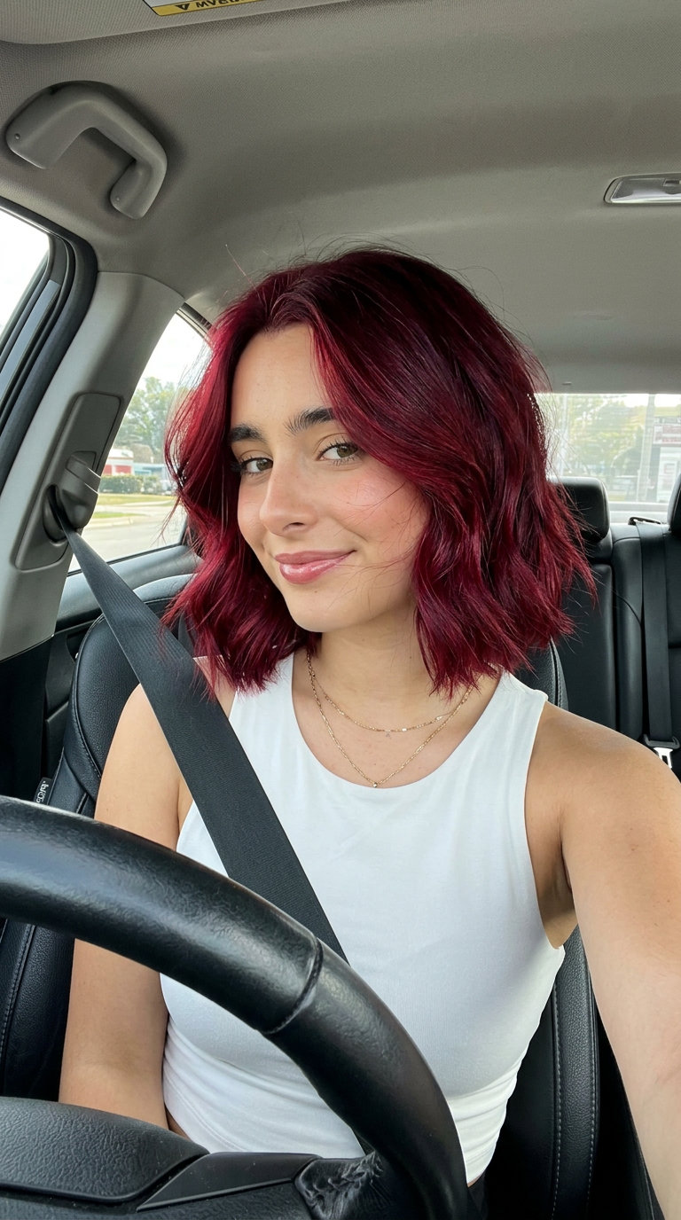 chin-length layered bob haircut in deep crimson red with diffused perimeter for bold summer 2026