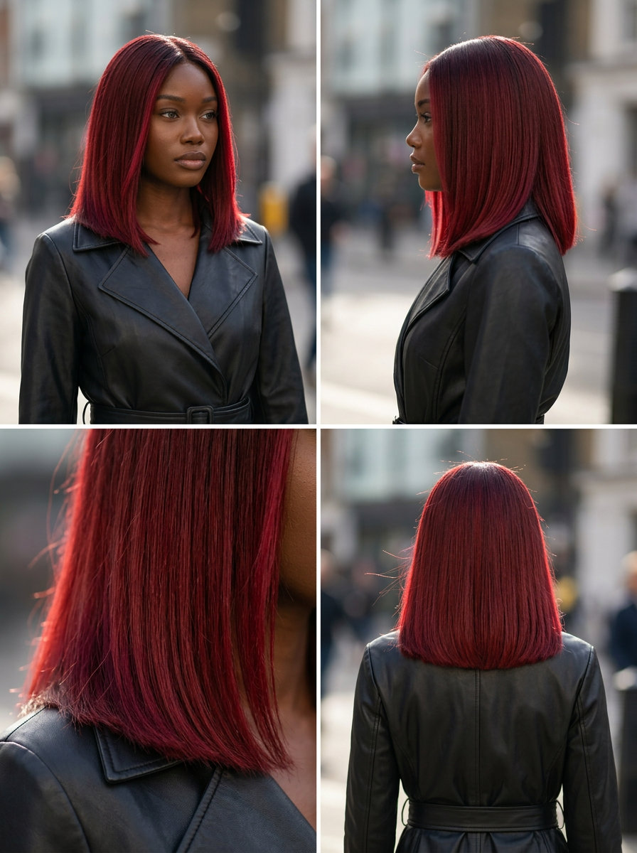 collarbone-length blunt lob haircut in saturated crimson red with ruby undertones for summer