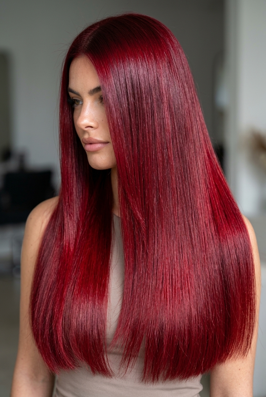 long blunt haircut in deep crimson red with ruby undertones for summer 2026