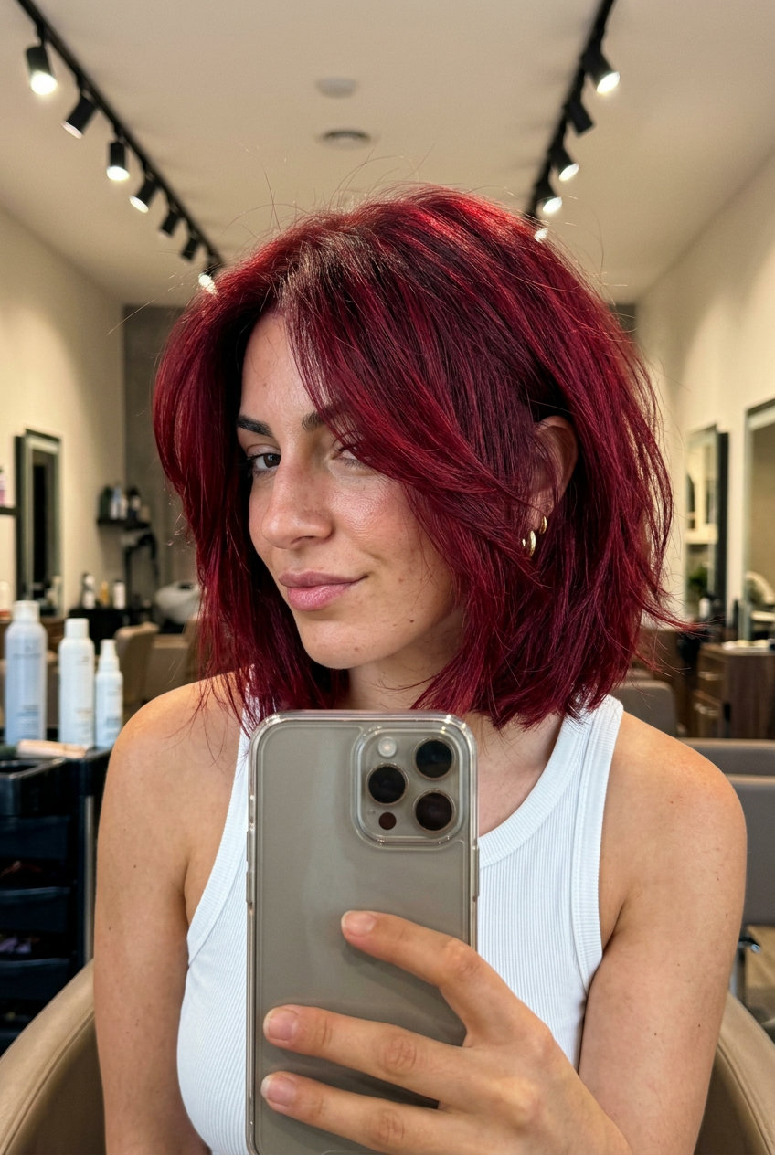 shoulder-length crimson bob haircut with deep ruby tones, face-framing layers for a bold look