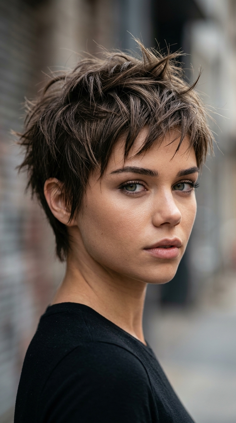 very short deconstructed pixie haircut in dark ash brown with shattered edges for summer