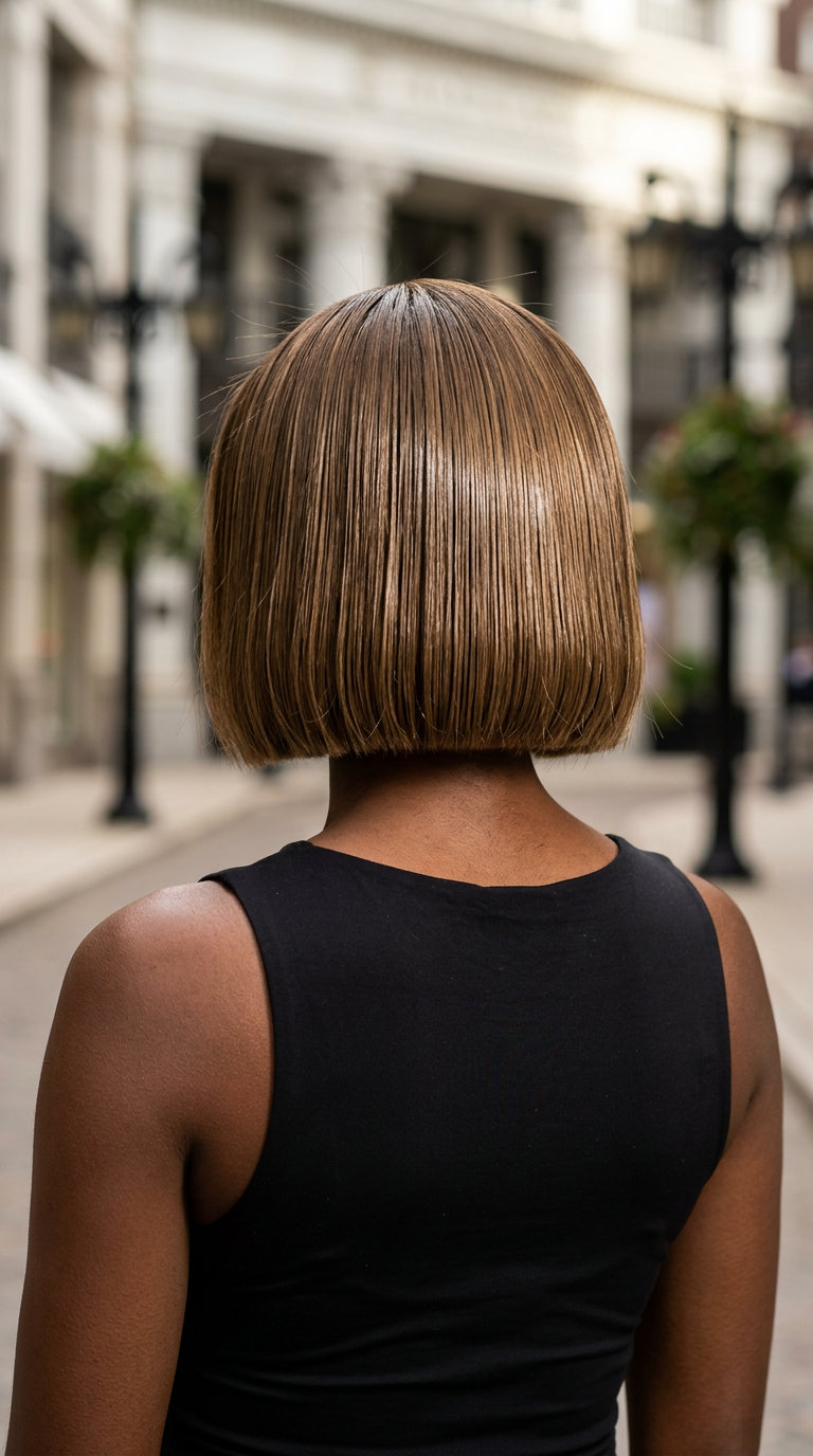 chin-length blunt bob haircut with blunt fringe in dark blonde gloss