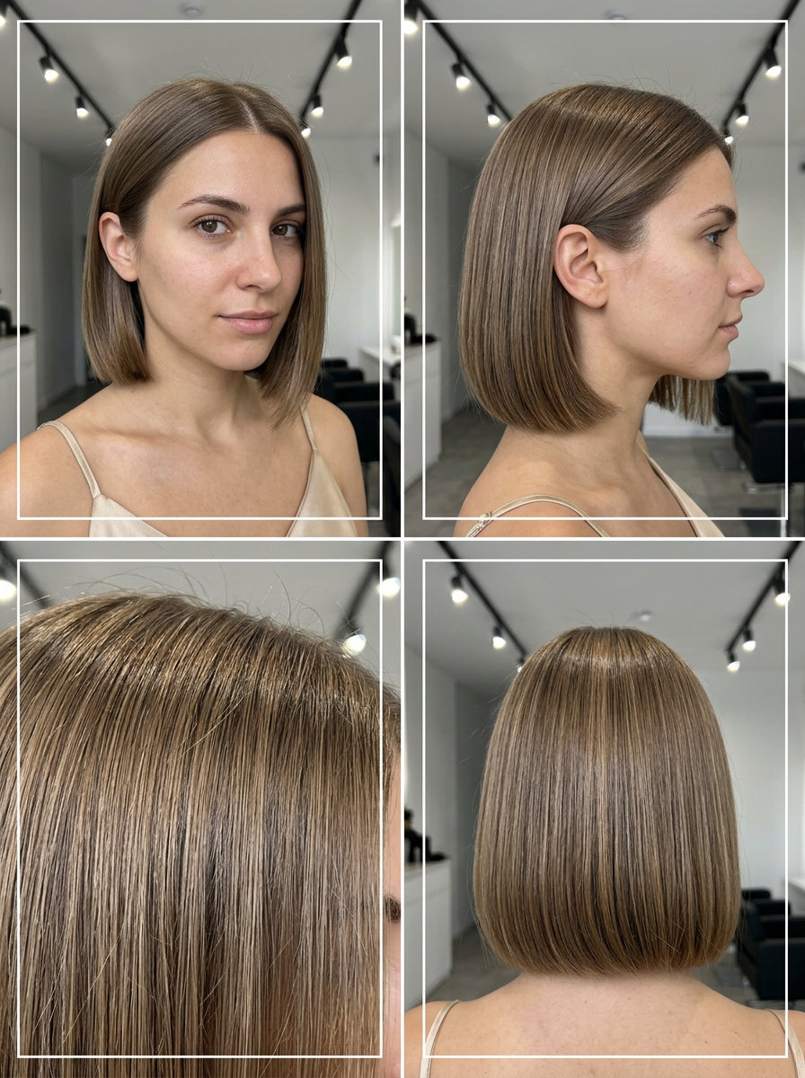 short french bob haircut with natural dark blonde/light brown, blunt perimeter, sleek for professional events