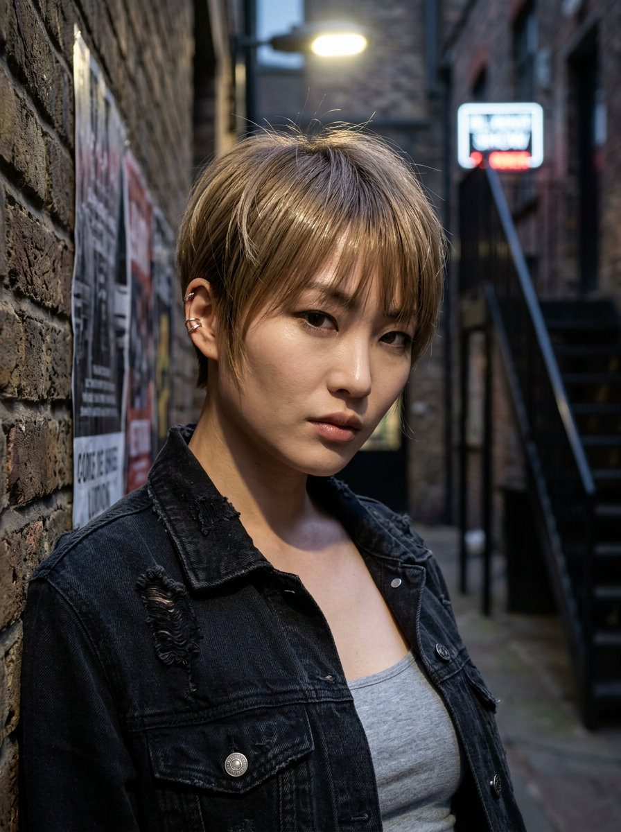 short dark blonde pixie cut with razored texture and wispy bangs for edgy confidence