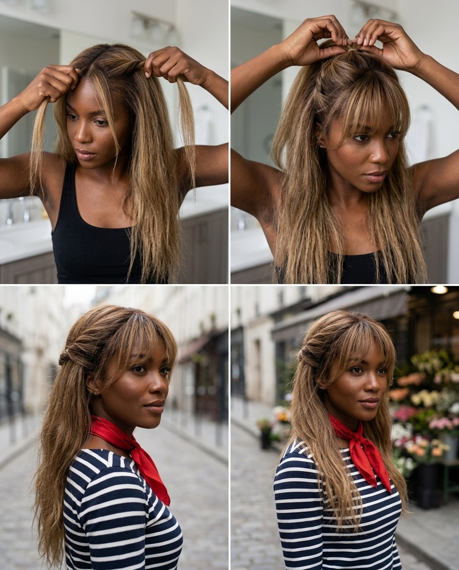 shoulder-length layered haircut with natural dark blonde babylights and Birkin bangs for romantic date night