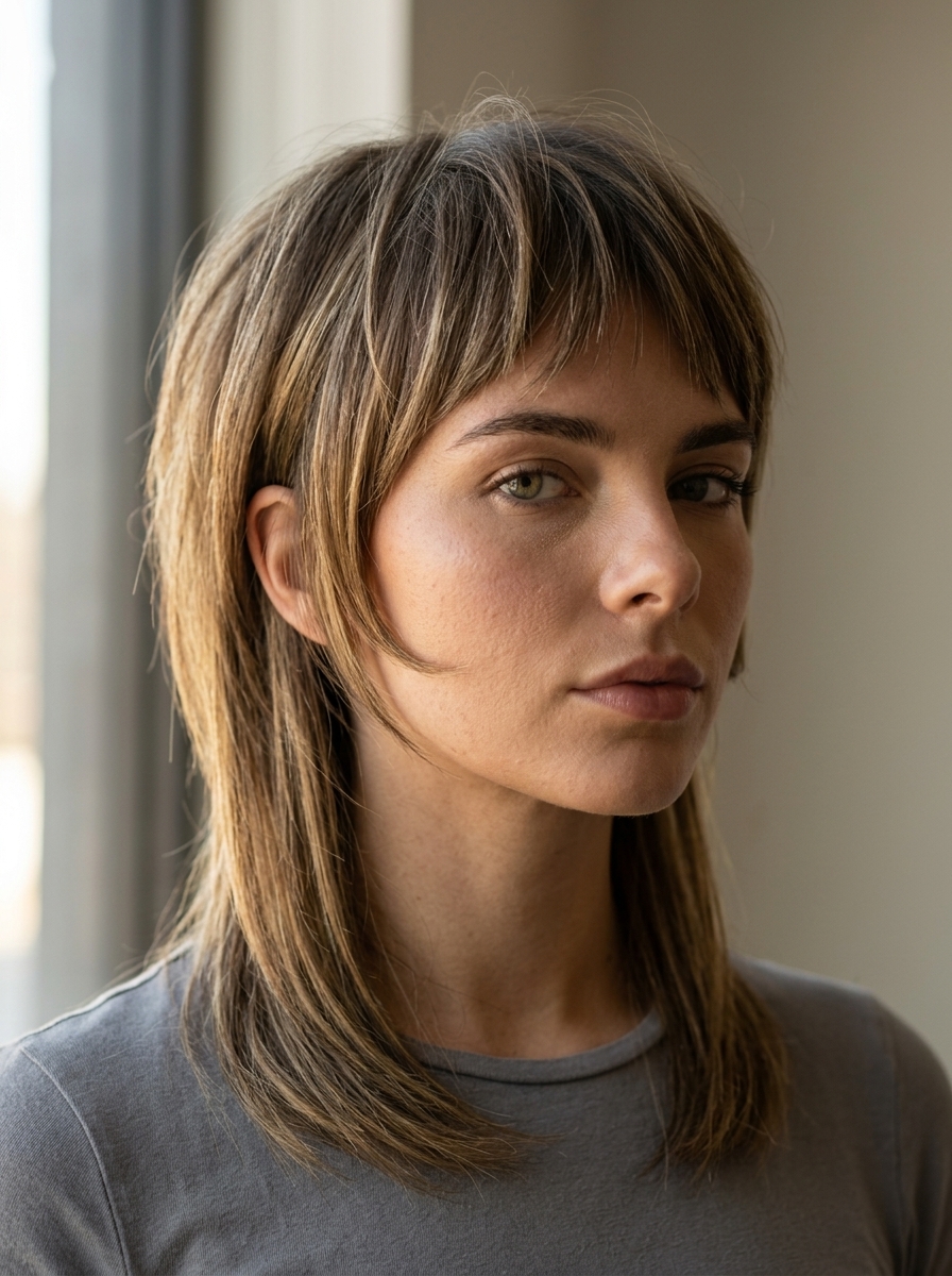 long dark brown geometric mullet with blunt cut and high gloss for sophisticated looks