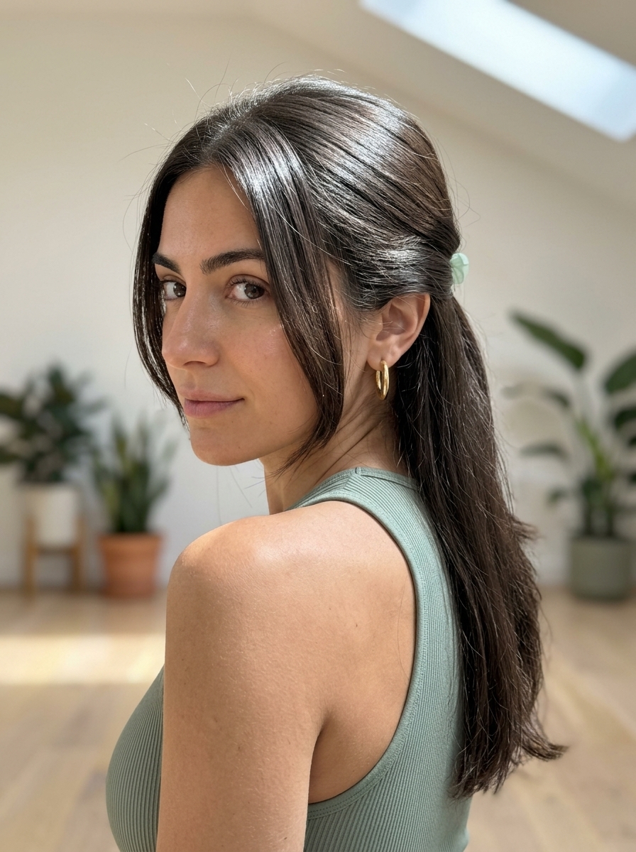 long layered natural dark brown half up half down with clear gloss, subtle layers, no bangs — minimalist clean fresh