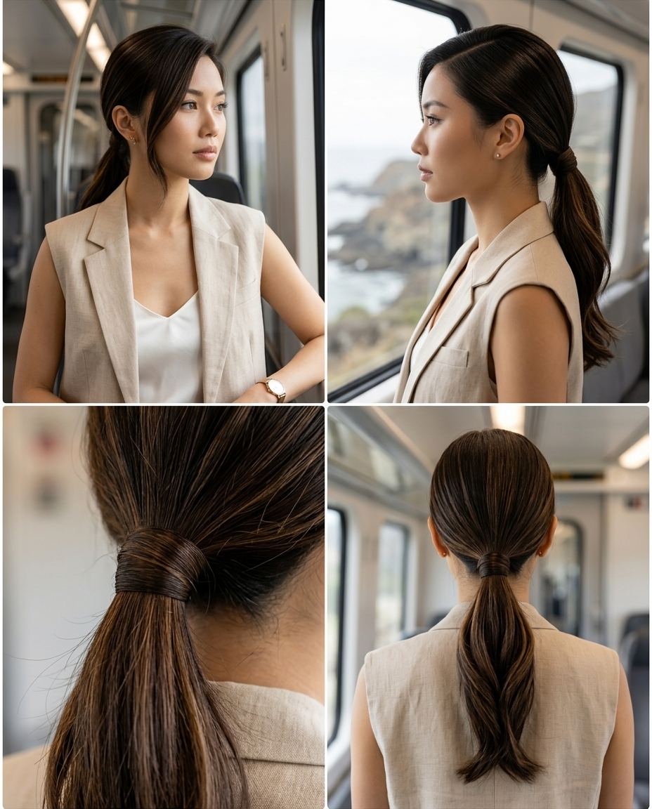long sleek brunette low ponytail with deep side part and high-gloss finish for office