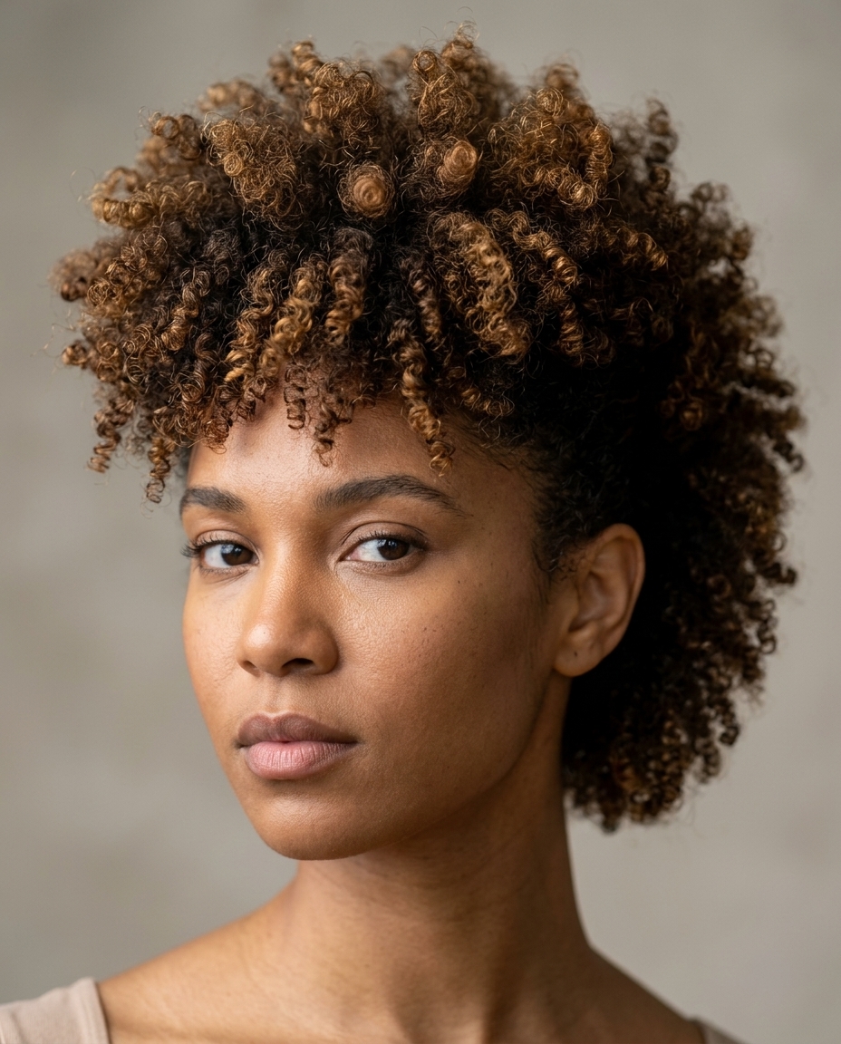 short afro mullet with golden-bronze balayage and natural coils for bold look
