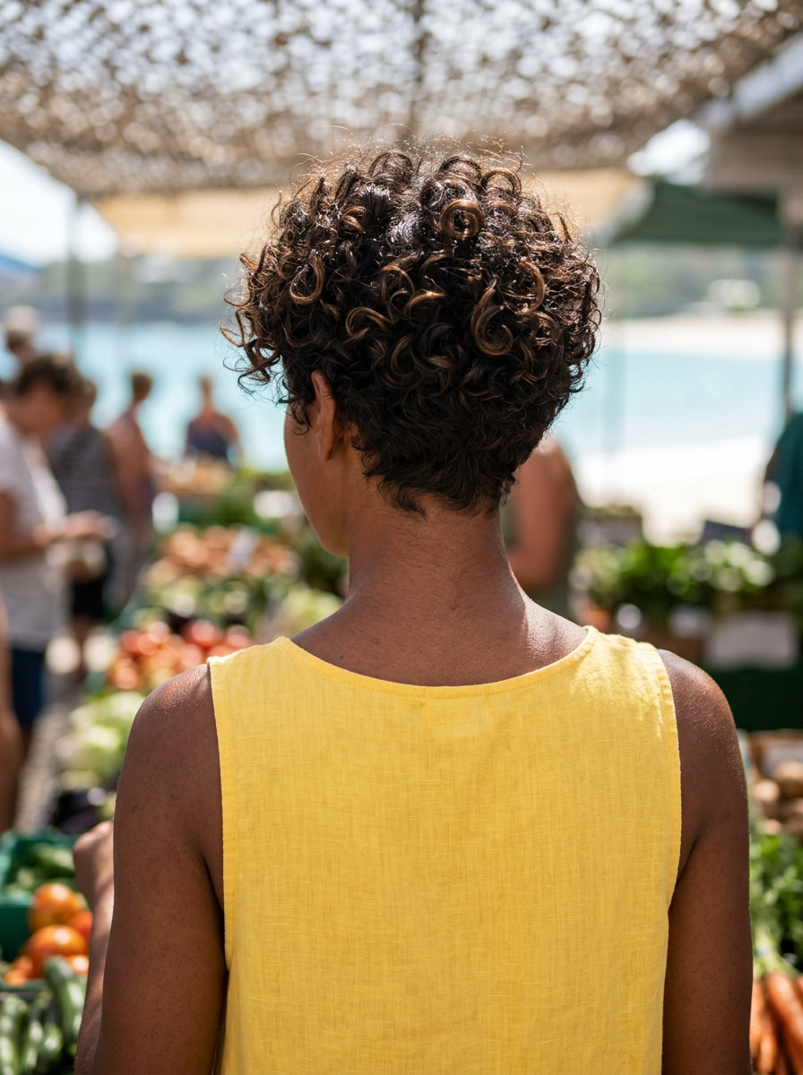 short curly dark brown pixie haircut with chestnut balayage and wispy fringe for summer
