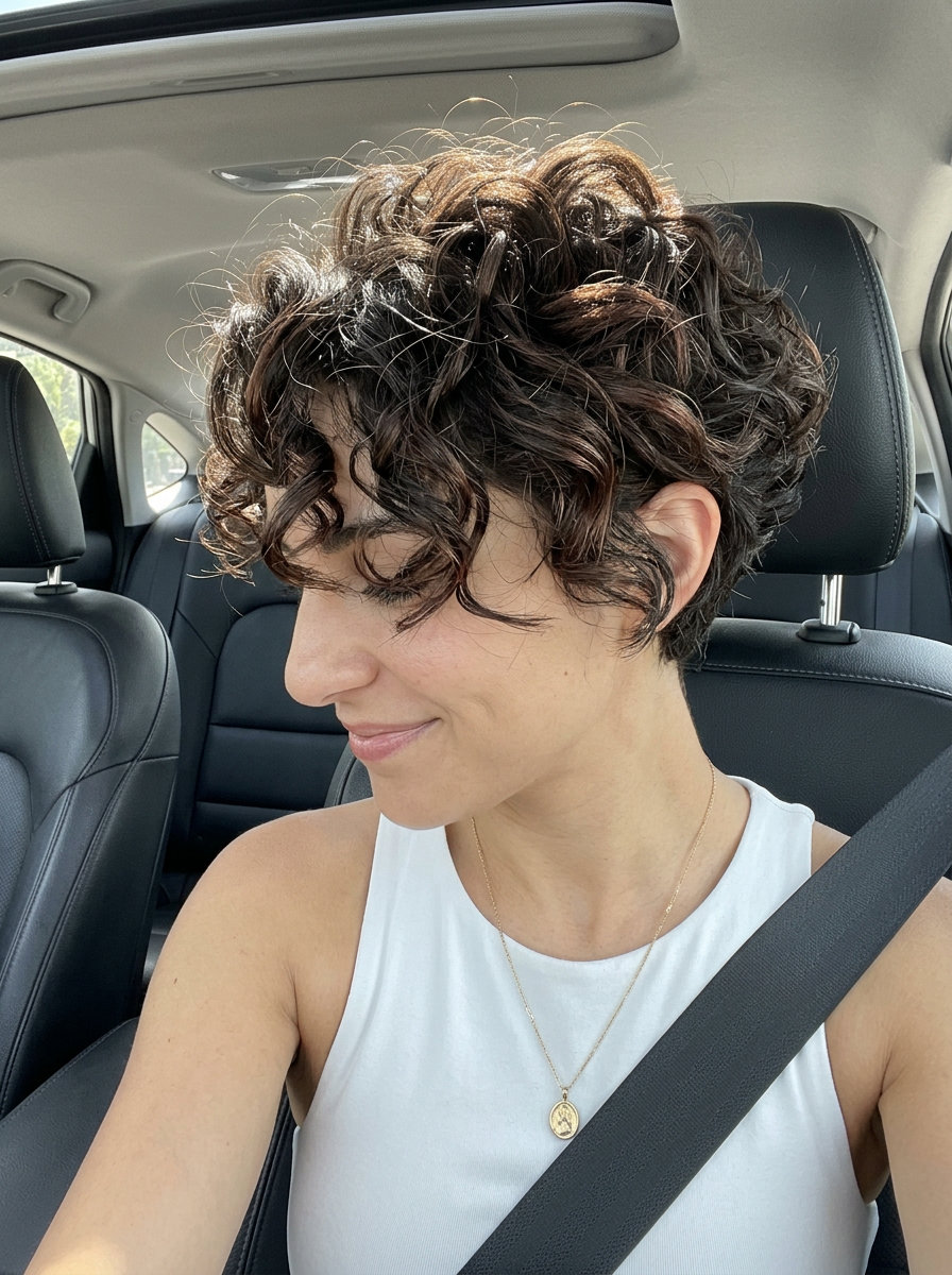 short sculpted pixie haircut with natural dark brown, textured layers and tapered sides for summer