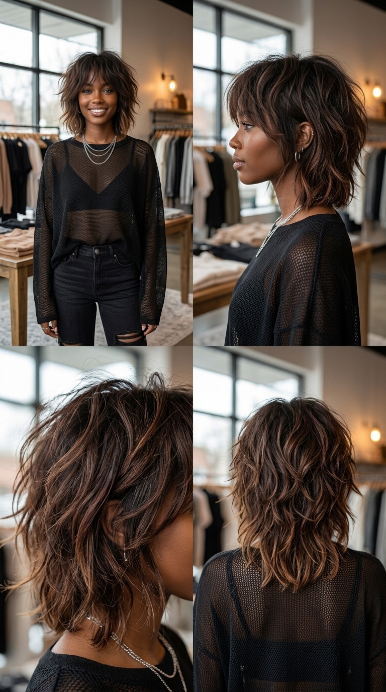 Edgy Short Shag Hairstyles 2026 short wavy hairstyles with dark brown and sun-bleached ends, tousled shag texture, no fringe — edgy rocker chic