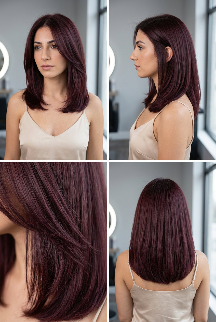 long straight dark burgundy haircut with uniform color and plum undertones for sophisticated looks