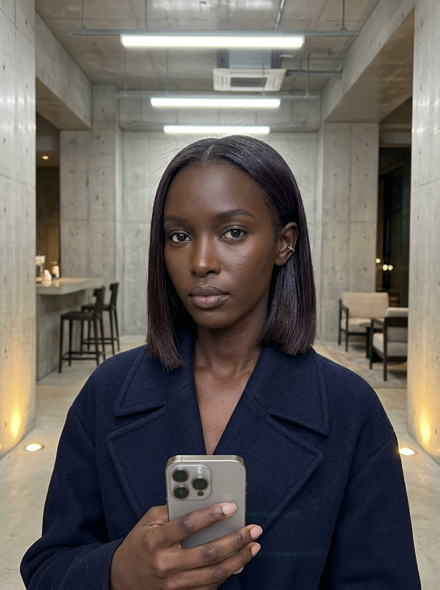 short dark chocolate blunt bob with violet undertones, laser-cut perimeter for sophisticated professional wear