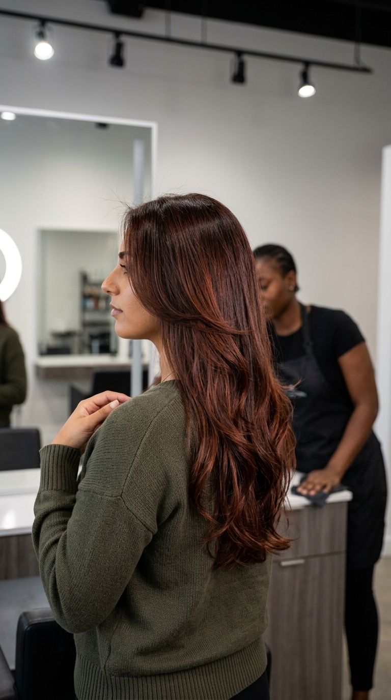 extra-long deep auburn brunette with sweeping face-framing layers and soft U-cut back