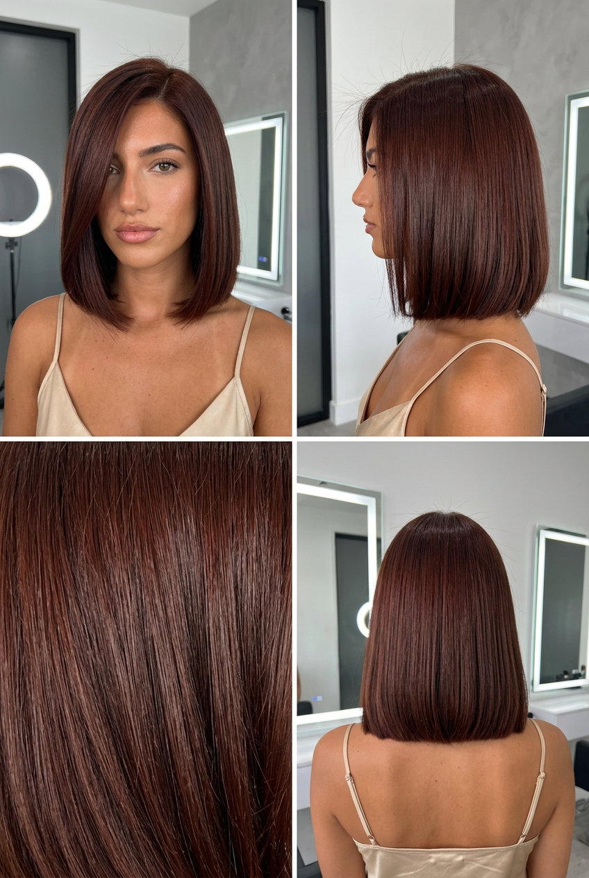 chin-length deep auburn blunt bob with side part and chestnut undertones for corporate meeting