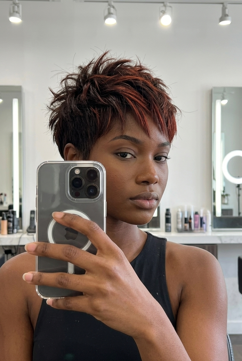 short deep auburn streaks pixie with choppy fringe, tapered sides — bold fiery