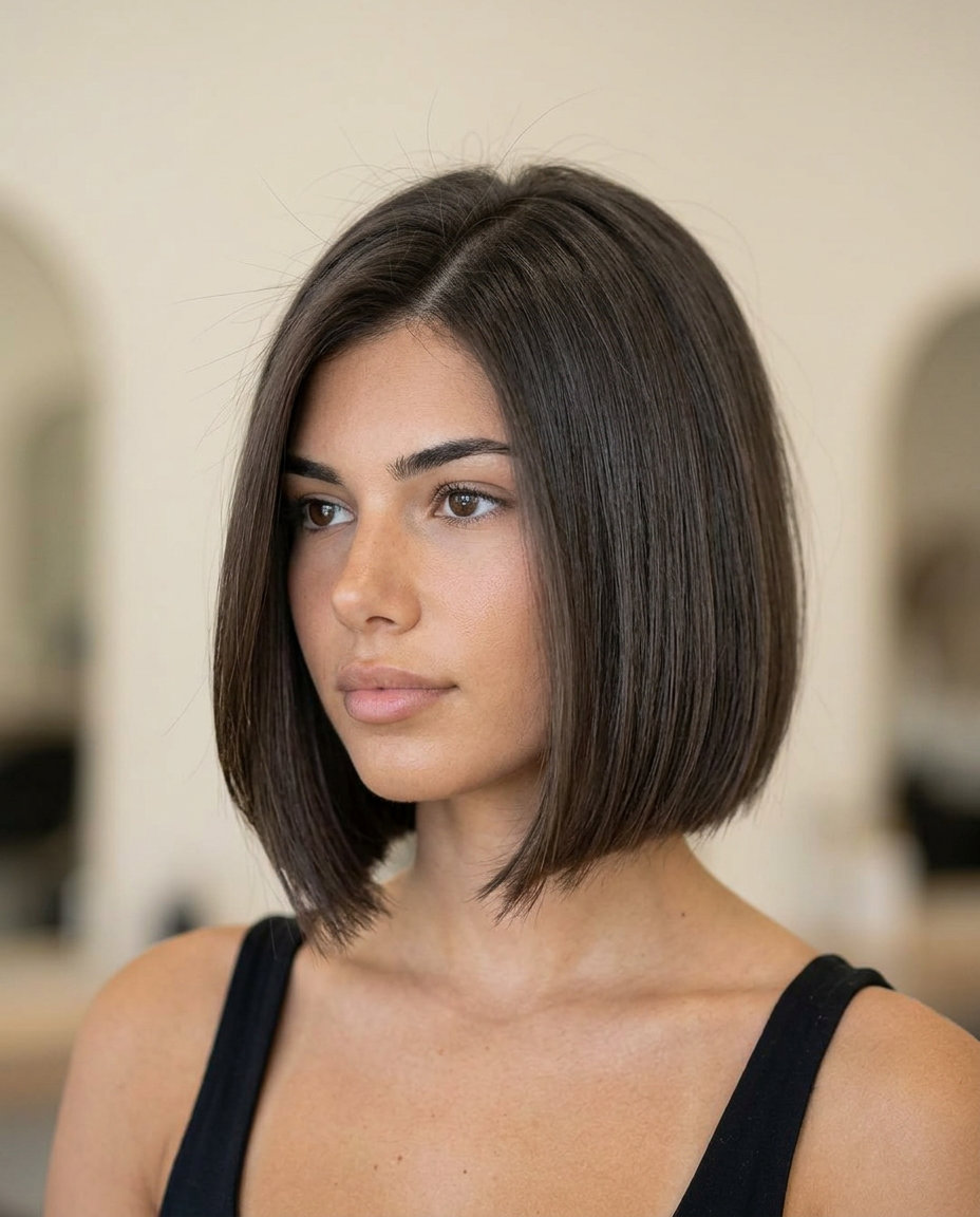 chin-length italian bob haircut in deep neutral brown with asymmetrical perimeter, blunt weight line — sophisticated modern look