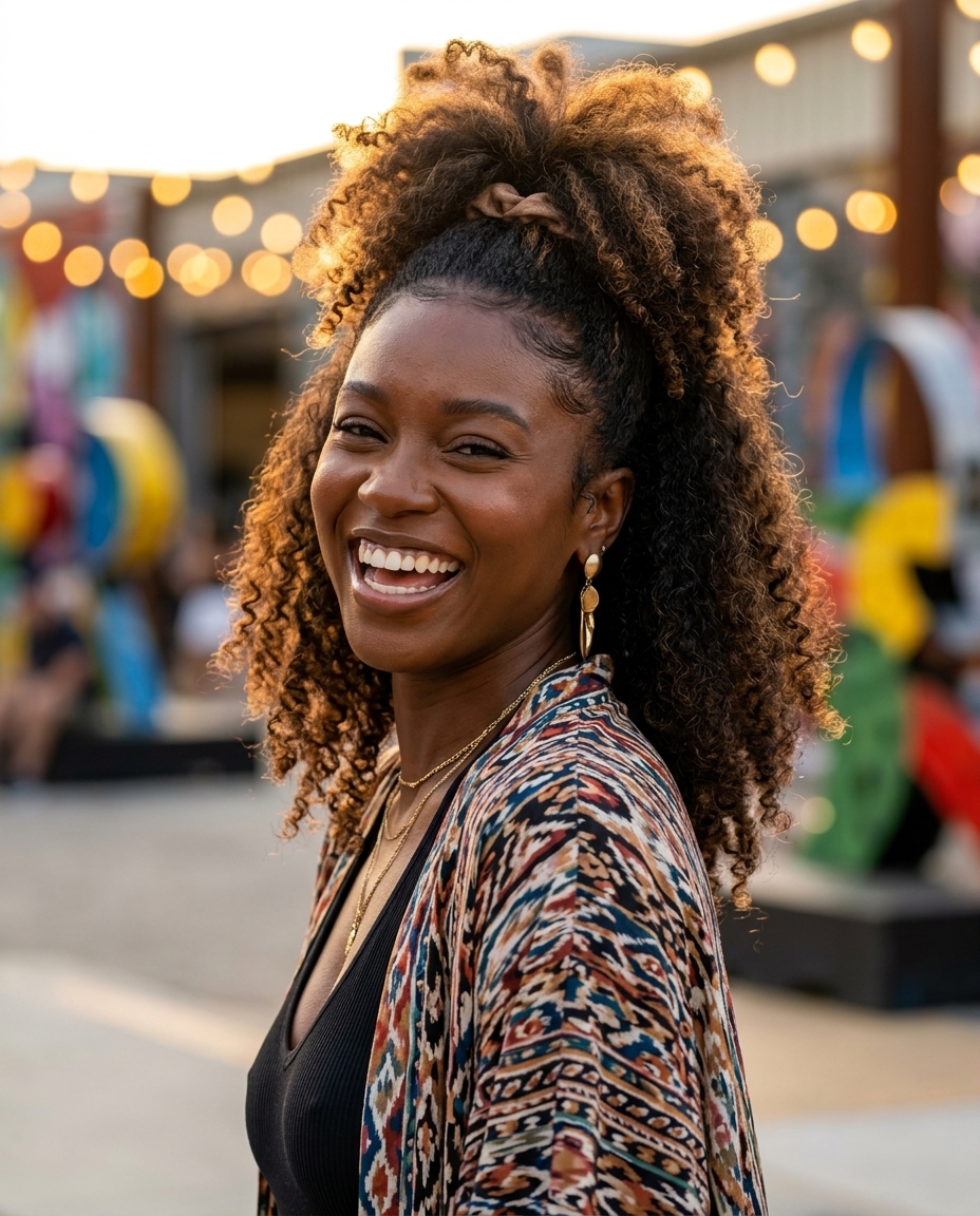 long curly natural deep brown half up half down with golden-bronze highlights, deconstructed layers, no bangs — playful vibrant empowered