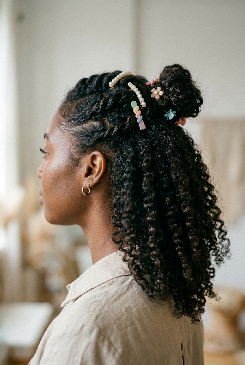 long half-up twisted bun with deep brown clip embellishments for summer