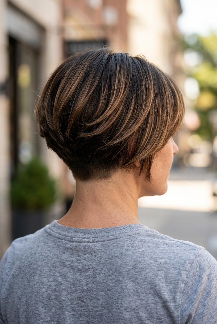 Sculpted Bixie: Bold Summer Haircut 2026 short deep brown bixie haircut with tapered undercut and caramel micro-highlights for summer