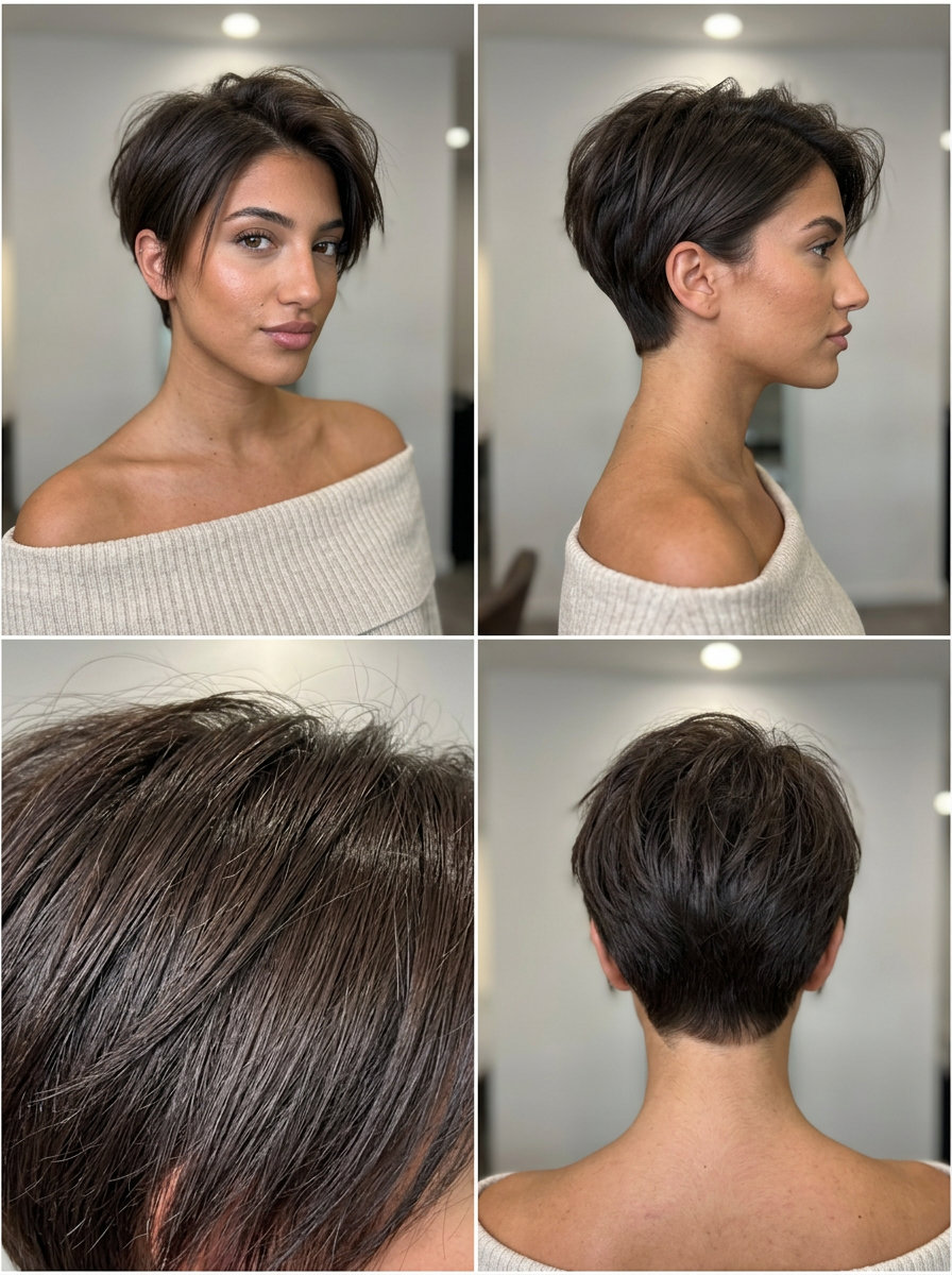 very short punk pixie haircut with deep brown, razored texture and tapered sides for summer